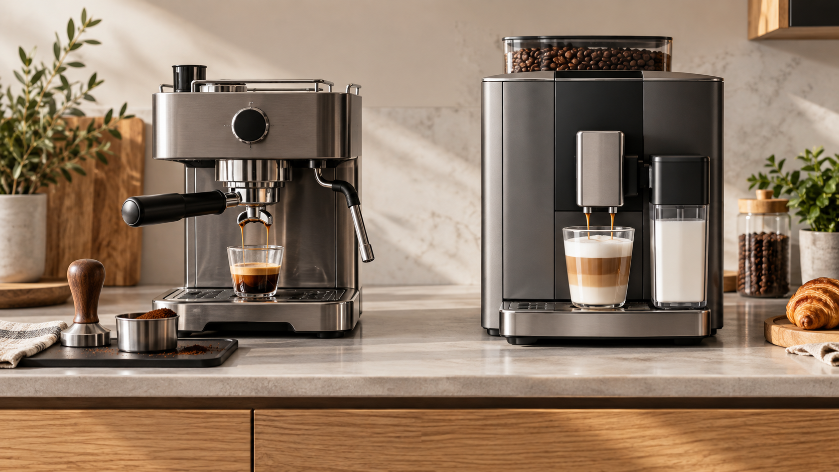 Generic manual portafilter espresso machine compared with automatic bean-to-cup machine