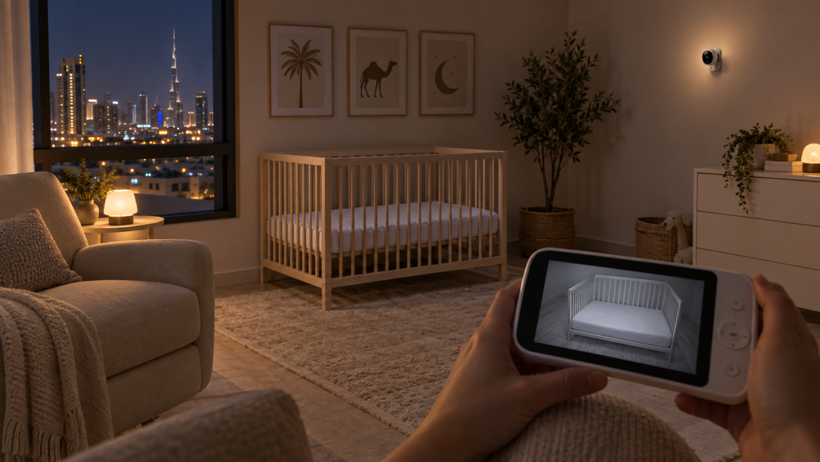 Wall-mounted baby monitor showing an empty crib in infrared night vision