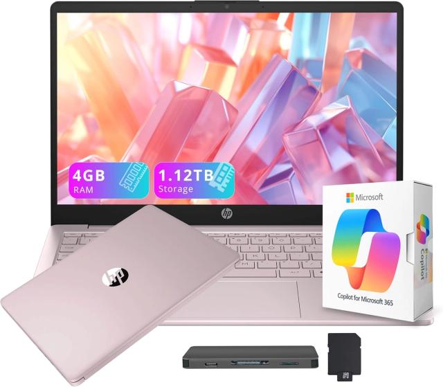 HP Stream 14 in Tranquil Pink, front view with Bundle offer