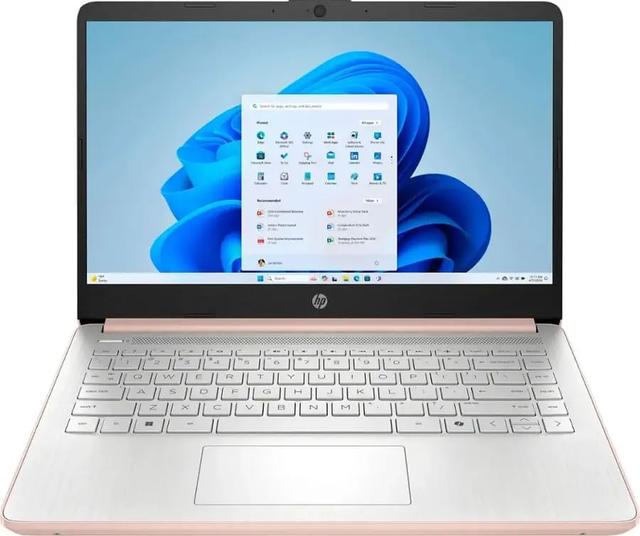 HP 14 gold thin student laptop, front view