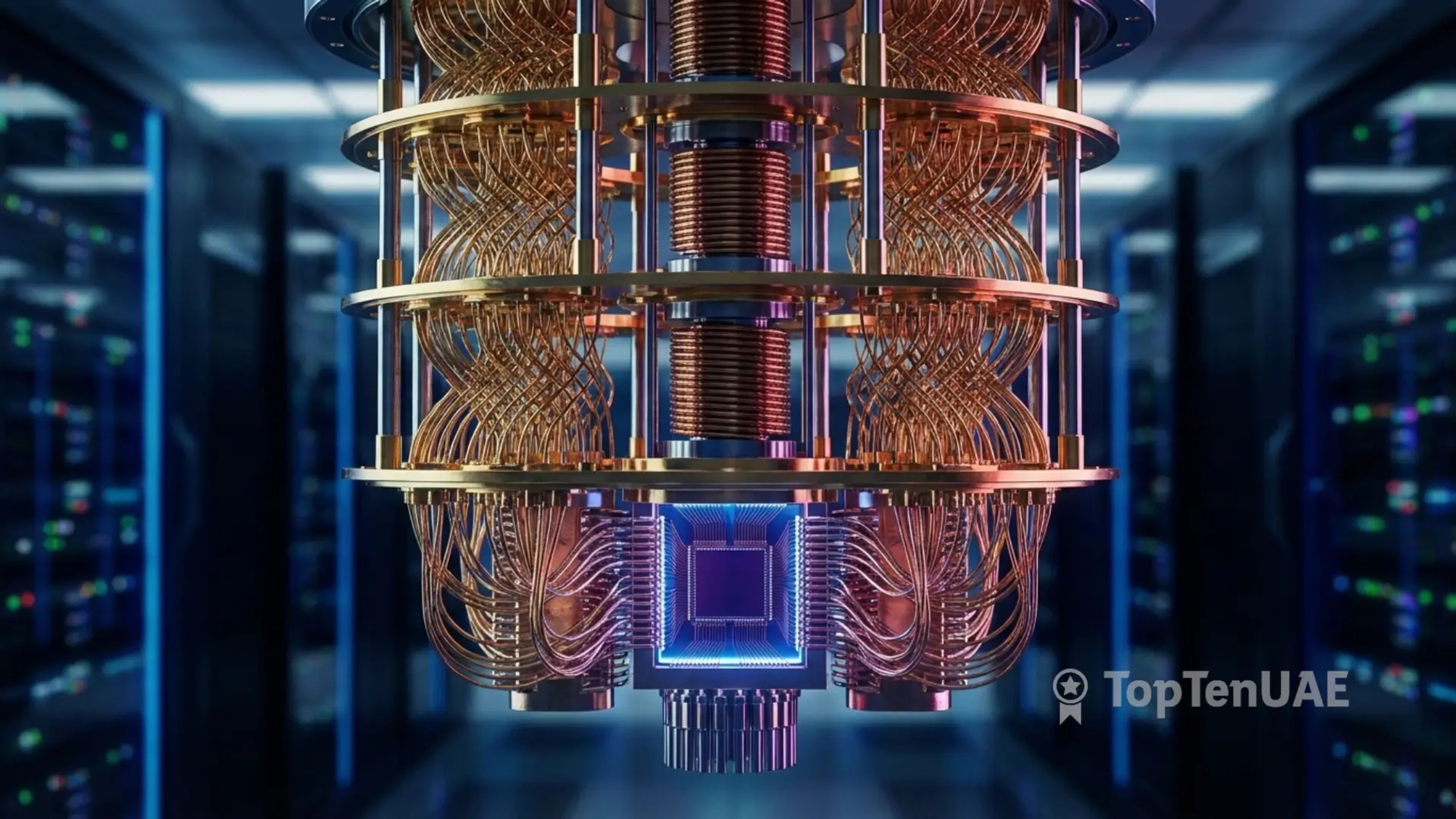 Close-up photograph of a golden quantum computing dilution refrigerator rig in a high-tech laboratory.