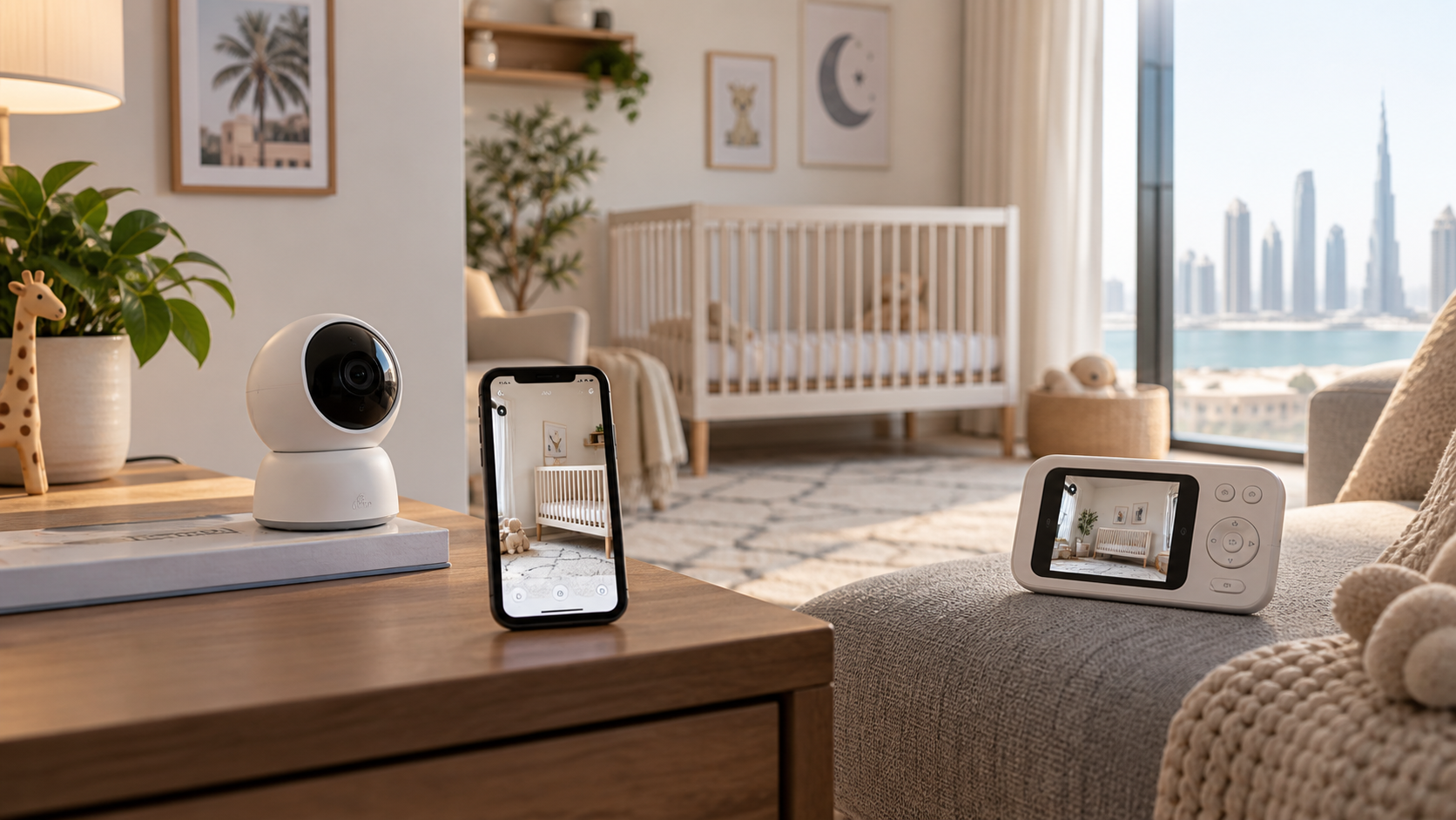 Wi-Fi baby monitor camera and dedicated parent screen compared in a home