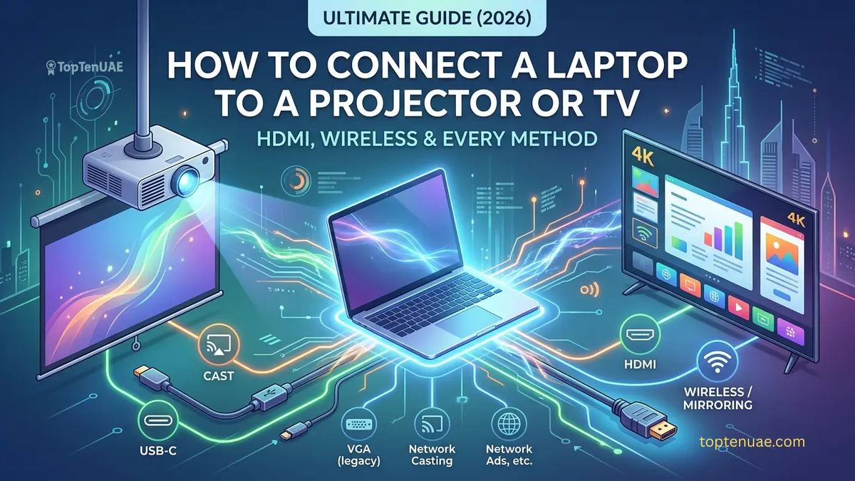 A 2026 guide demonstrating every method to connect a laptop to a TV or projector, featuring a laptop linked to dual screens via HDMI, wireless mirroring, and USB-C.