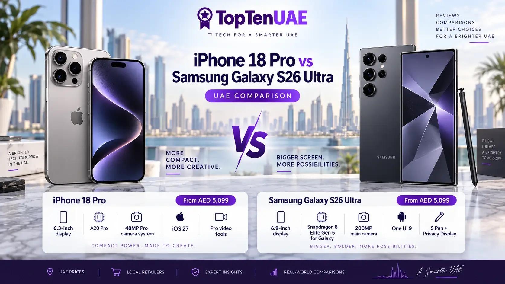 Use a side-by-side iPhone 18 Pro and Samsung Galaxy S26 Ultra UAE comparison image.
