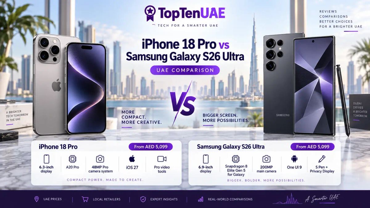 Use a side-by-side iPhone 18 Pro and Samsung Galaxy S26 Ultra UAE comparison image.