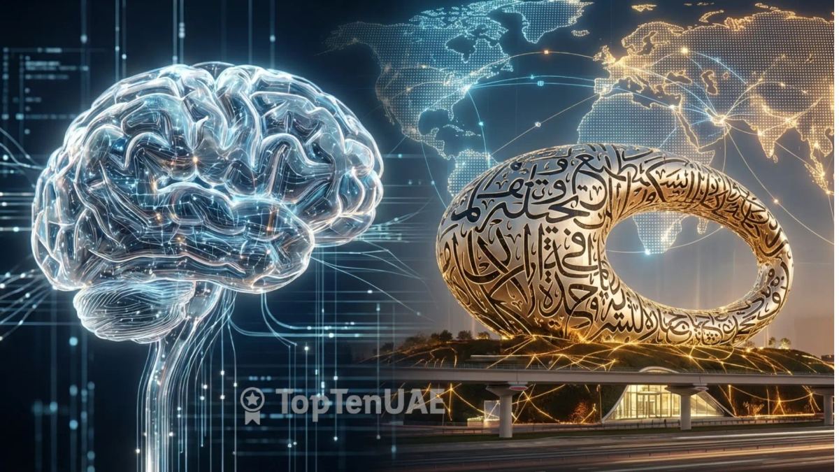 Digital art illustration showing a global neural network merging with Dubai's Museum of the Future, symbolizing the UAE's role as a central hub in the 2025 AI landscape.