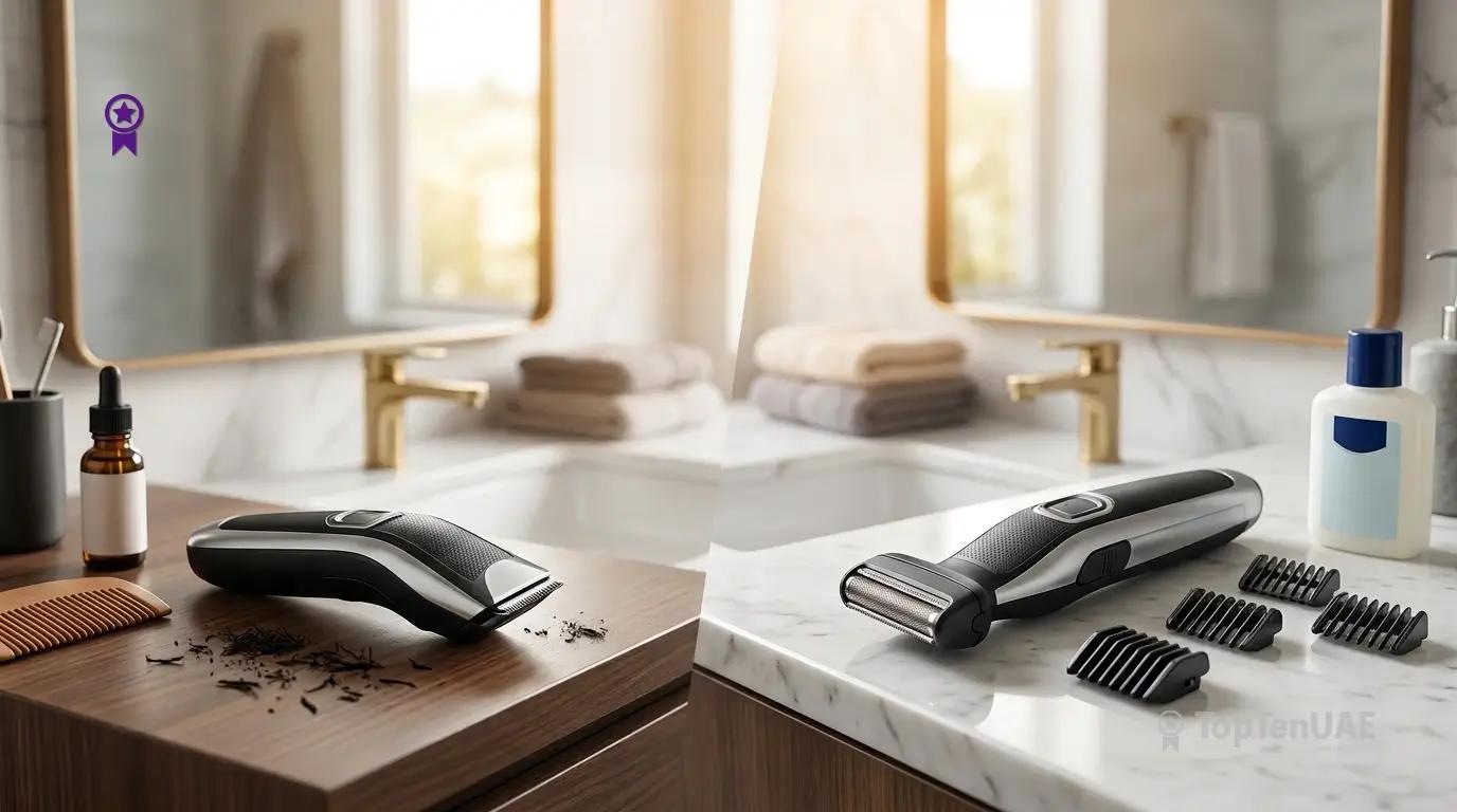 A split-view comparison on a bathroom vanity showing an electric beard trimmer with hair clippings and beard oil on a dark wooden counter, alongside a body groomer with foil head attachments and lotion on a light marble counter.