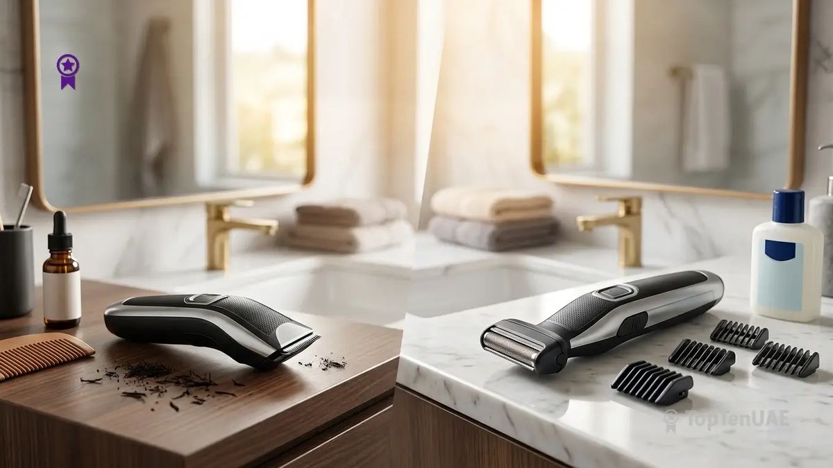 A split-view comparison on a bathroom vanity showing an electric beard trimmer with hair clippings and beard oil on a dark wooden counter, alongside a body groomer with foil head attachments and lotion on a light marble counter.