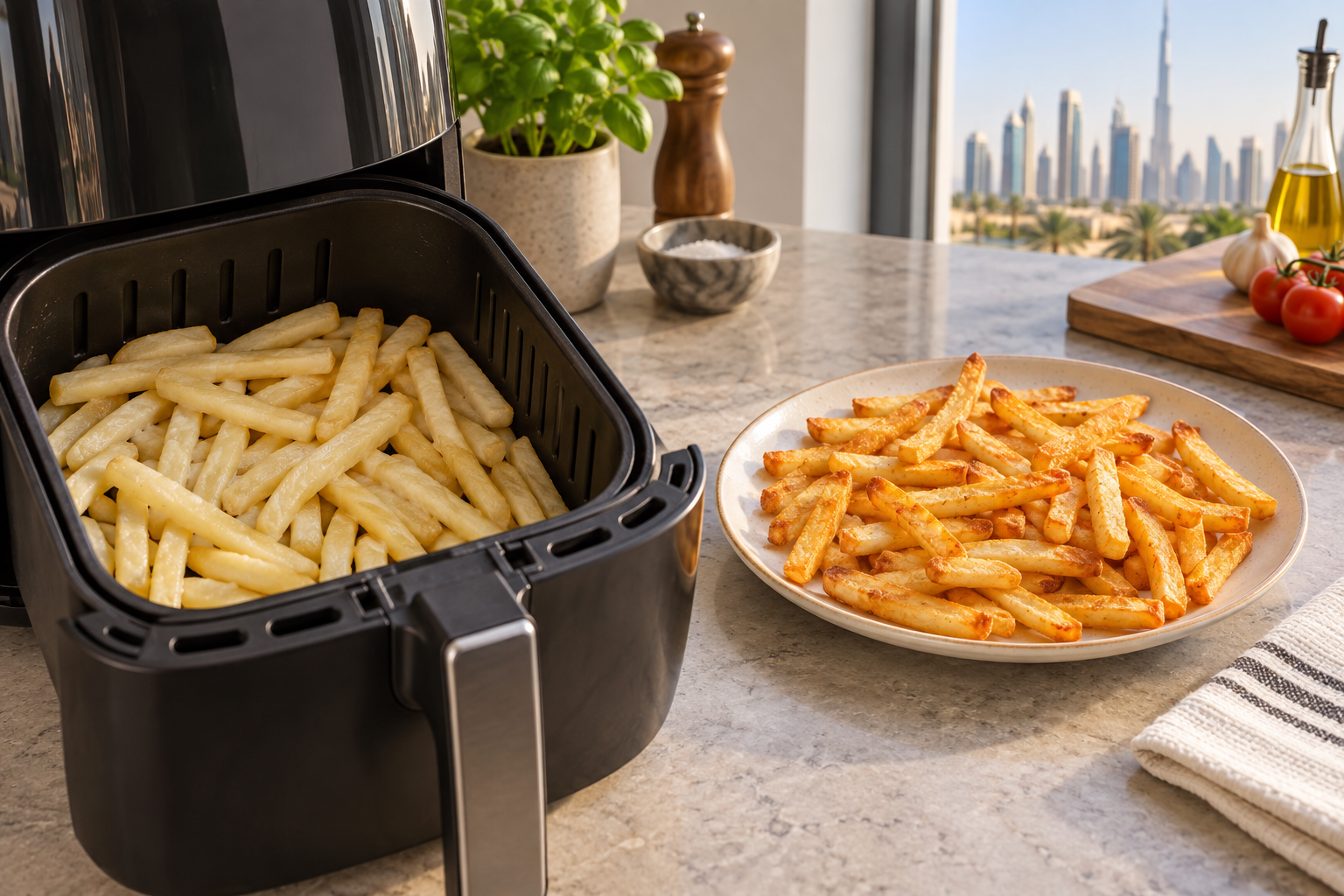 Overcrowded pale fries compared with evenly browned crisp air-fried fries