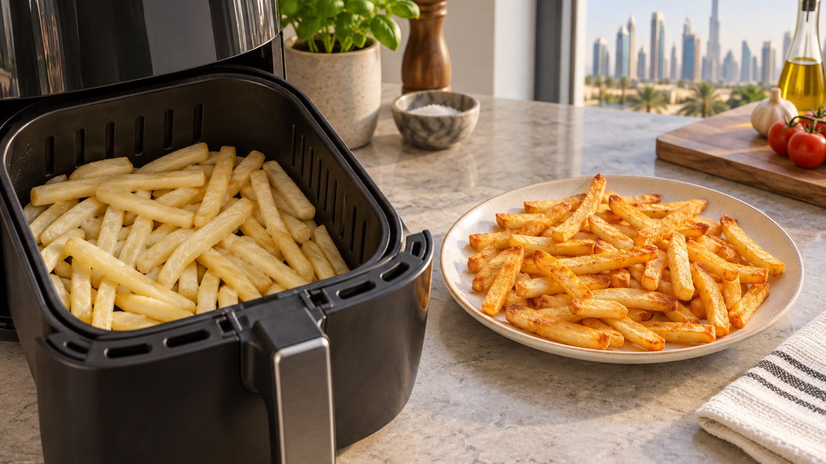 Overcrowded pale fries compared with evenly browned crisp air-fried fries