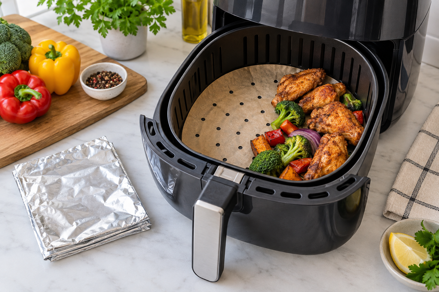 Air fryer basket with weighted perforated baking paper and foil beside it for comparison