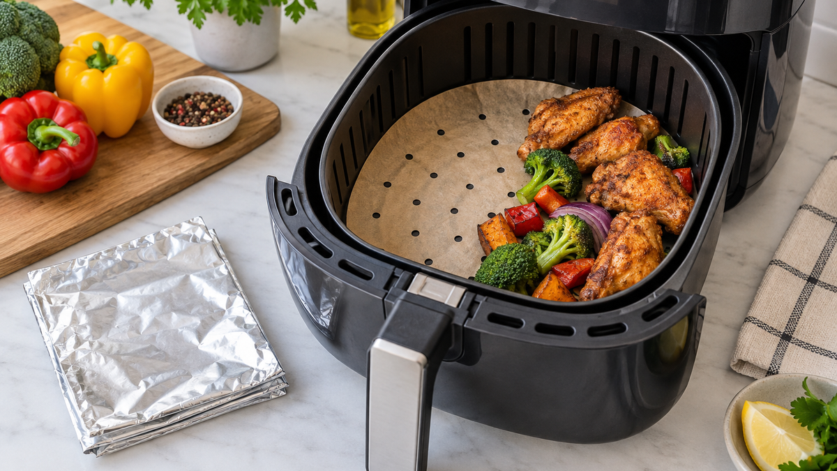 Air fryer basket with weighted perforated baking paper and foil beside it for comparison