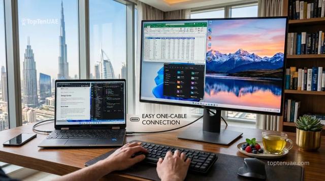 Laptop connected to an external monitor with an extended dual-screen desktop workspace using a single cable connection