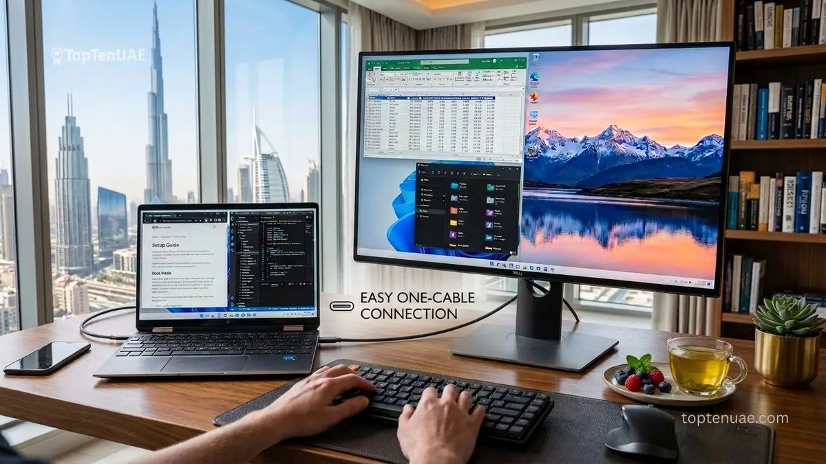 Laptop connected to an external monitor with an extended dual-screen desktop workspace using a single cable connection