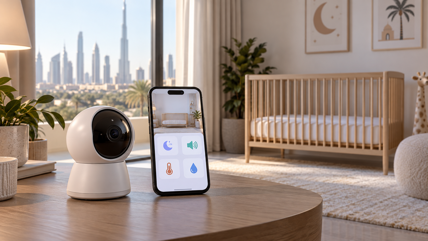 Smart baby monitor and phone dashboard with sleep, sound, temperature and humidity icons