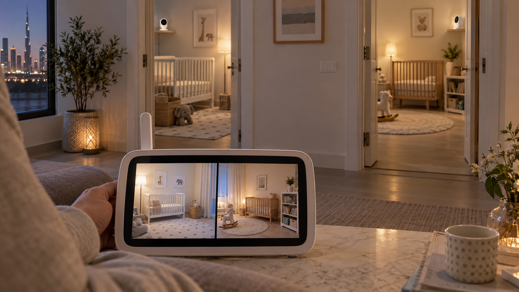 Parent display showing two nursery camera views in separate rooms
