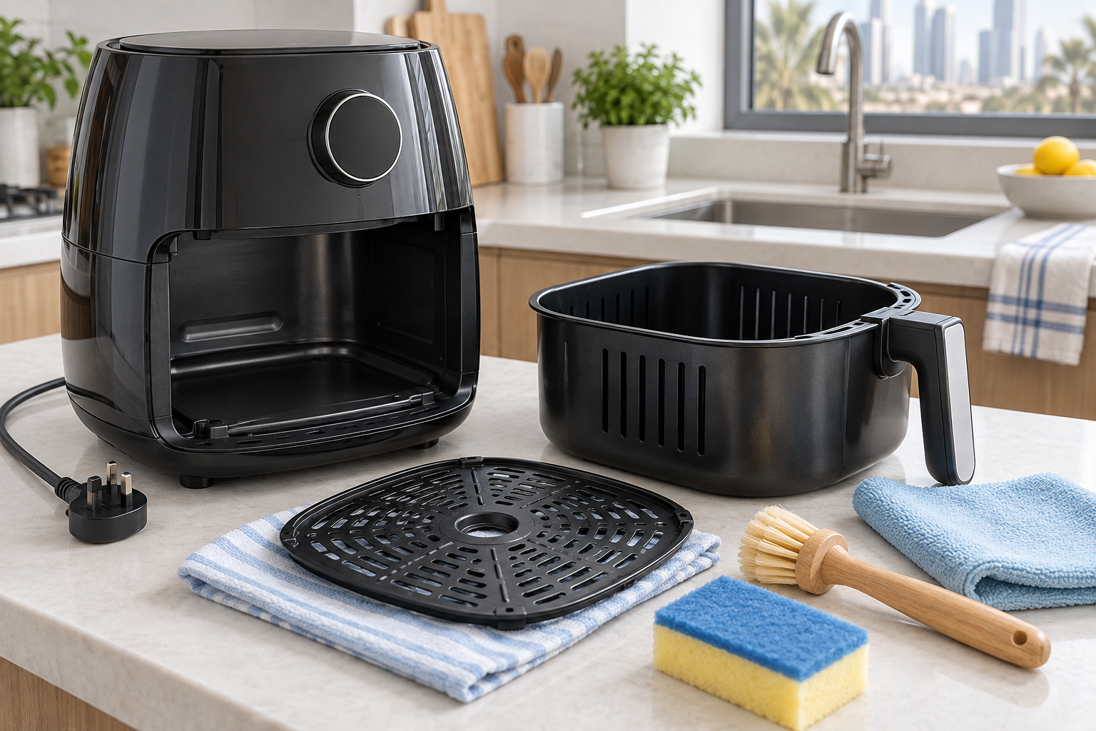 Unplugged air fryer with removable basket, crisper plate and soft cleaning tools