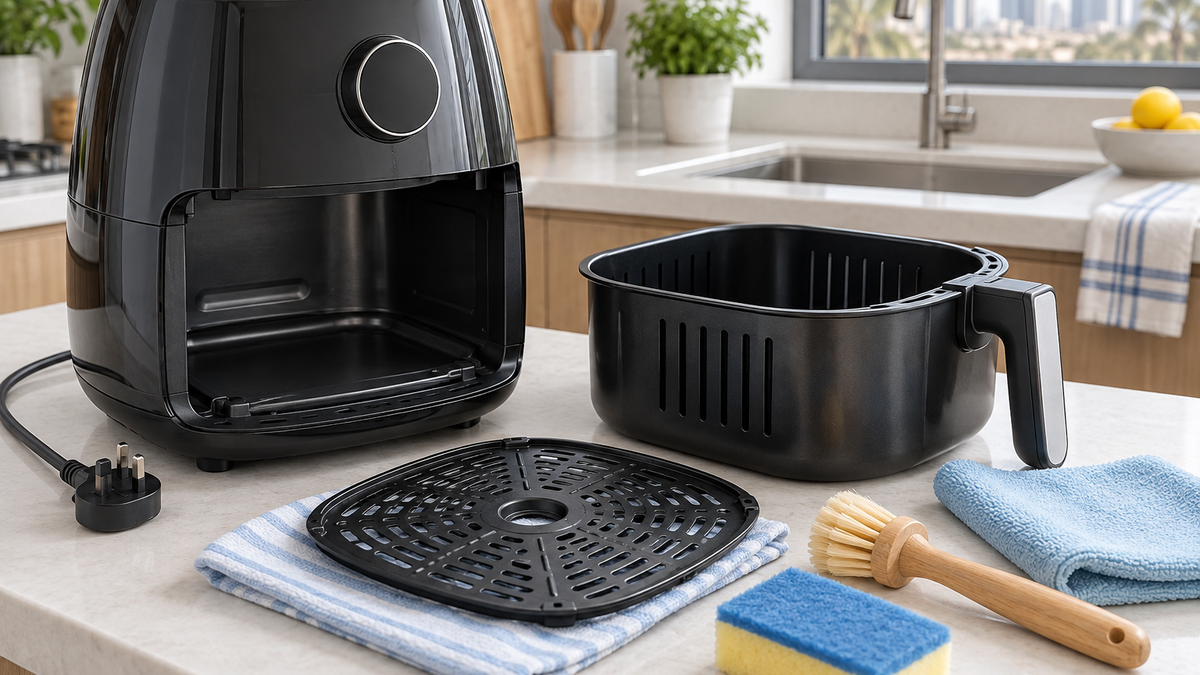 Unplugged air fryer with removable basket, crisper plate and soft cleaning tools
