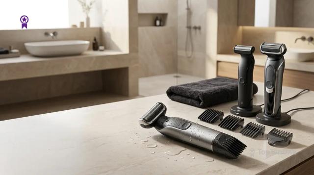A collection of mens electric body groomers and attachments arranged on a beige marble countertop in a modern, luxury...