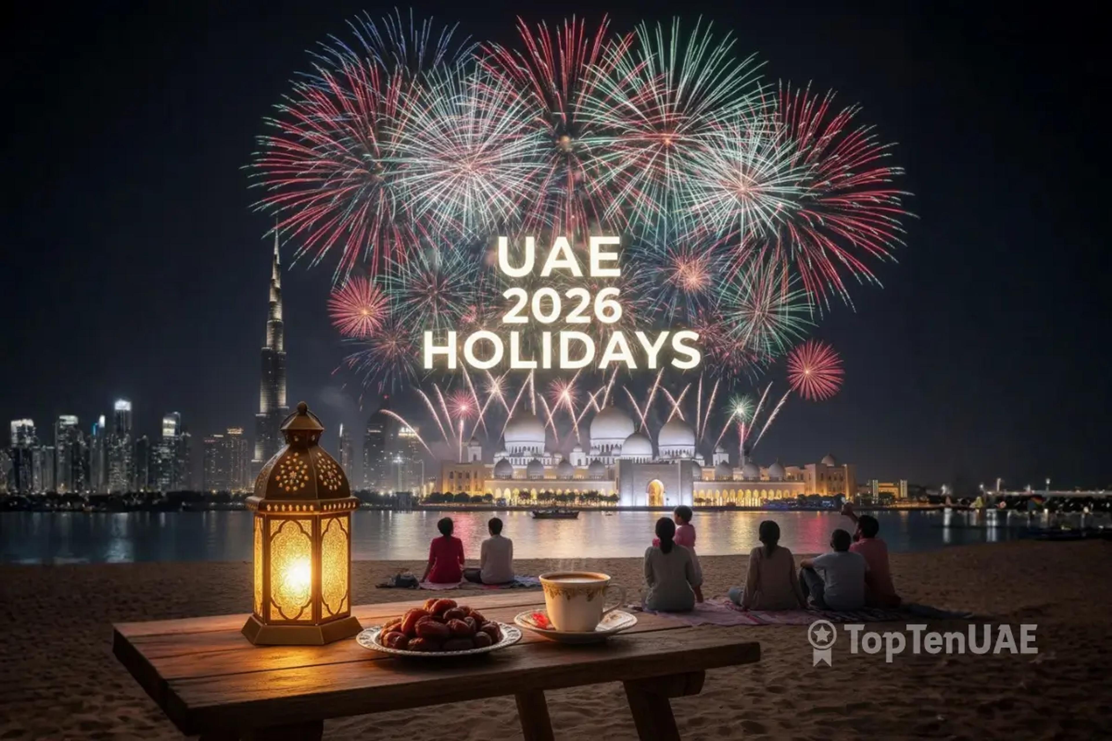 UAE 2026 Holidays celebratory header featuring fireworks over the Burj Khalifa and Sheikh Zayed Grand Mosque, with a lantern and dates.