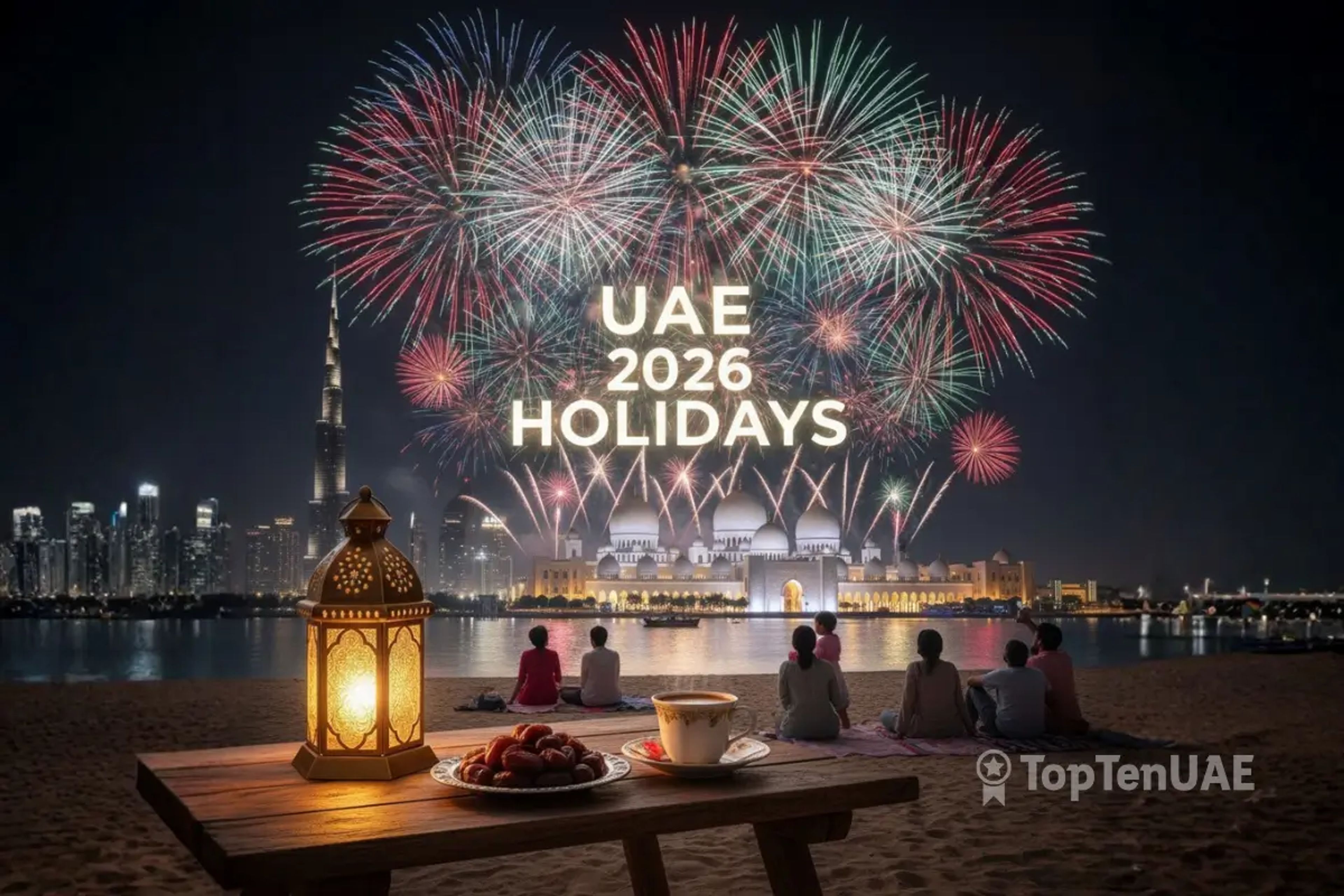 UAE 2026 Holidays celebratory header featuring fireworks over the Burj Khalifa and Sheikh Zayed Grand Mosque, with a ...