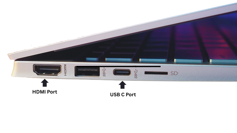 Laptop side profile highlighting the HDMI and USB-C ports needed for a wired connection to a TV or projector.