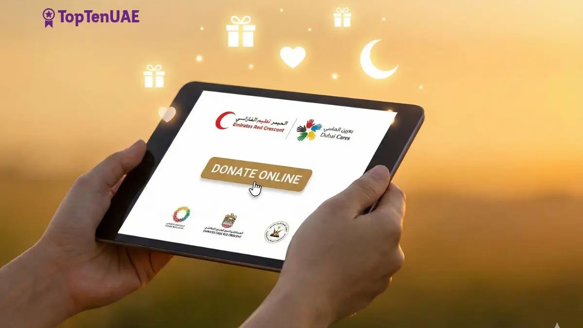 Hands holding a glowing donation symbol representing hope and online charity contributions to authorized organizations in the UAE.