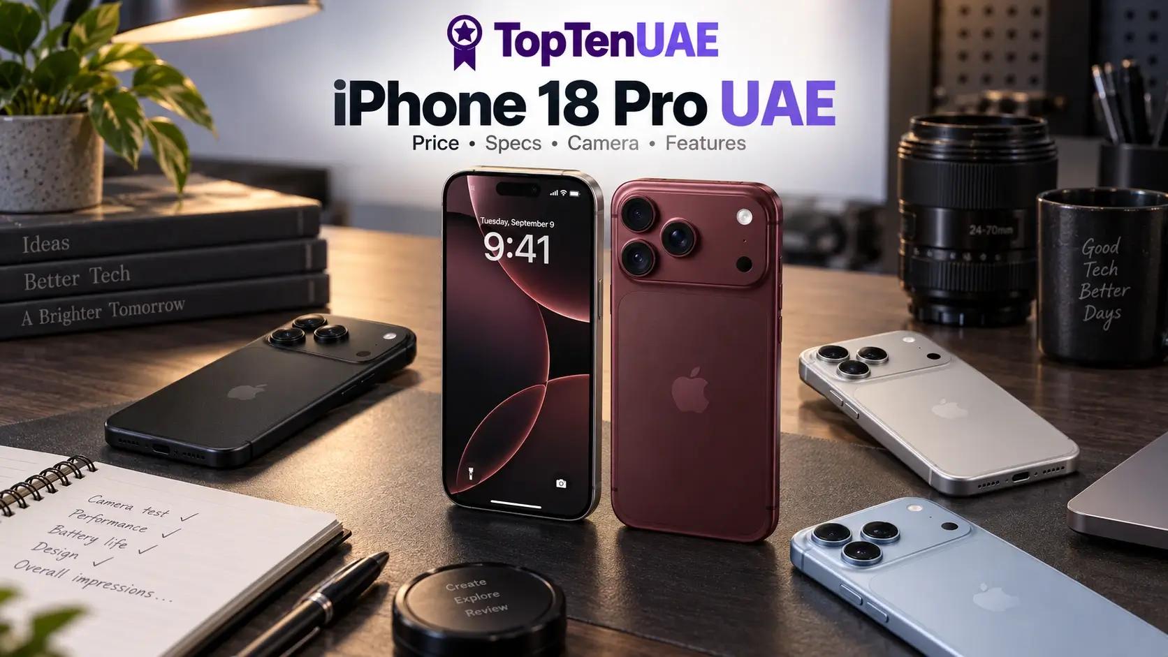 iPhone 18 Pro UAE showing camera, design and colour options in a practical workbench setup