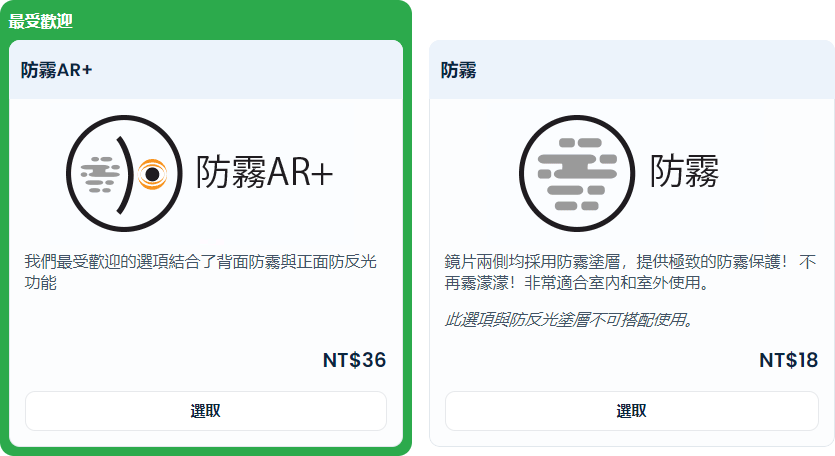 要購買防霧，只要在結帳時選擇功能旁邊的核取方塊