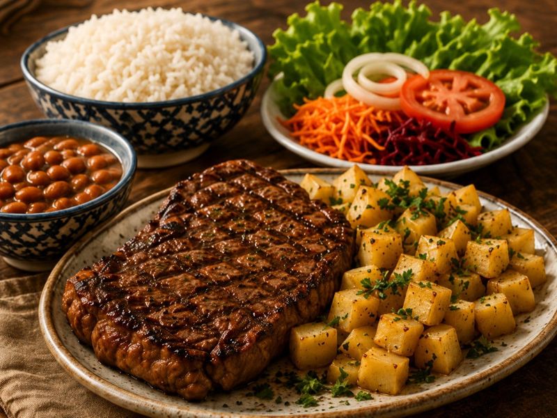 Contra filé à fazenda com arroz, feijão e batatas