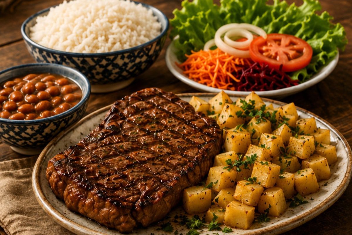 Contra filé à fazenda com arroz, feijão e batatas