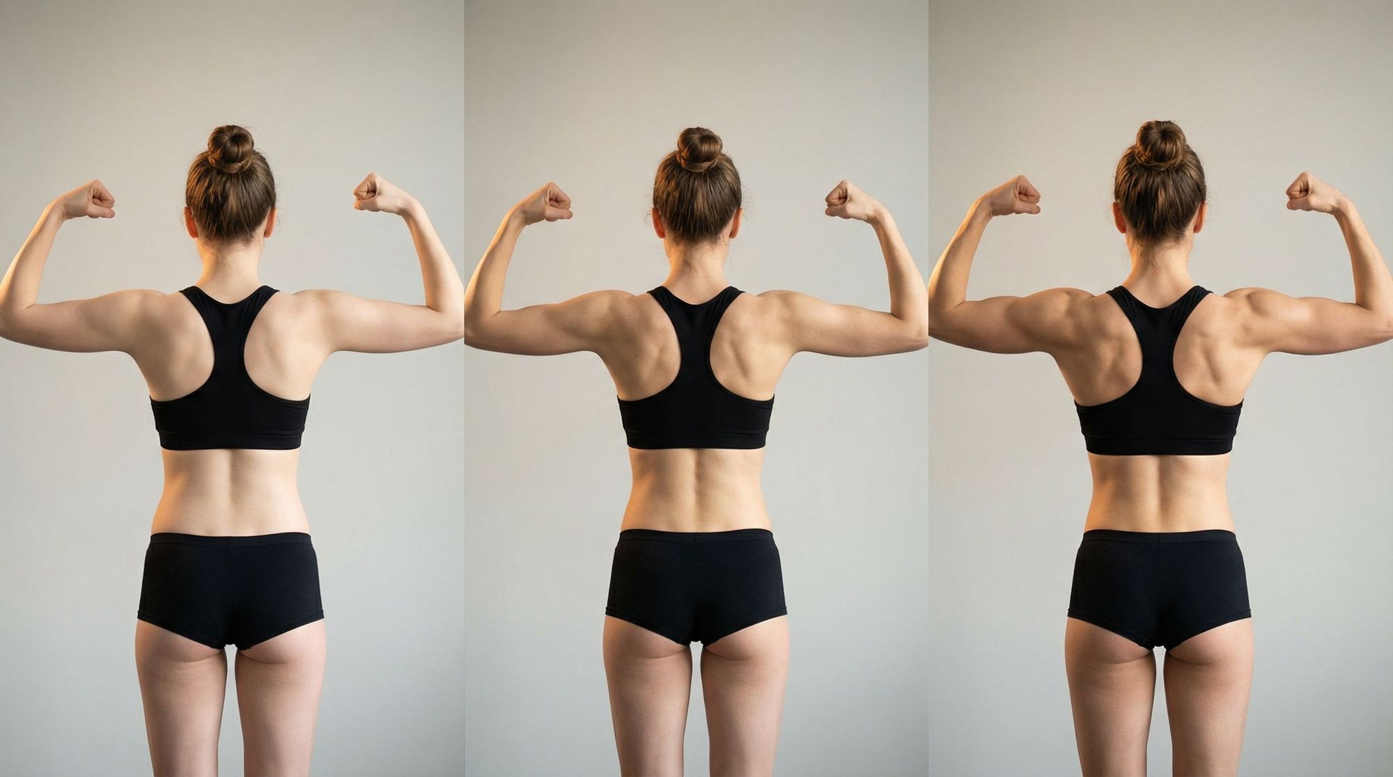 Three panels showing the same woman's back in a flexed pose, comparing training effects. Left: untrained, no visible muscle definition. Center: cardio only, leaner but still no muscle shape. Right: hybrid athlete, visible back, shoulder, and arm muscle development from consistent strength training.