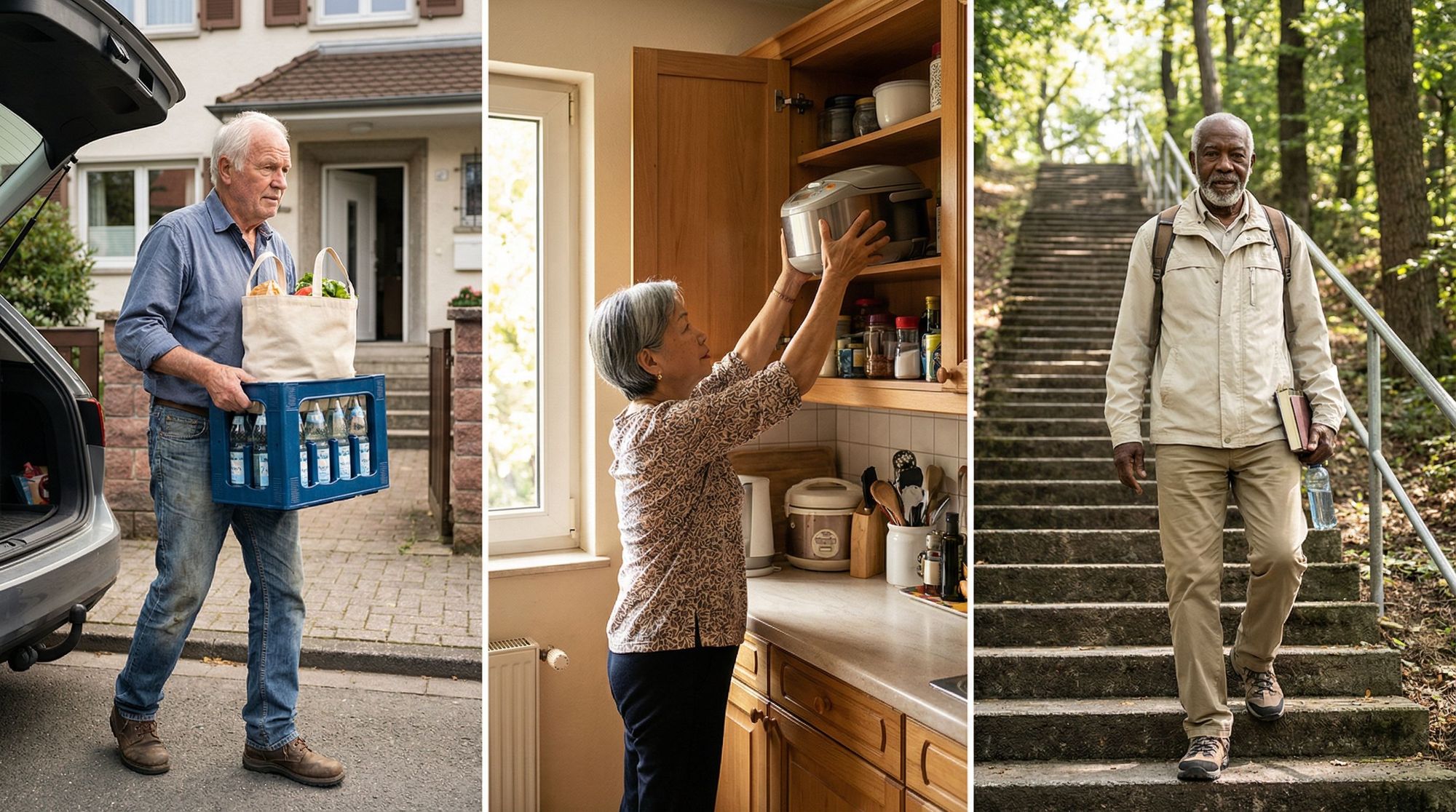 Three panels showing everyday physical capability in your 70s. Left: man carrying a crate of water bottles and groceries from his car. Center: woman reaching up to a high kitchen cabinet to lift down a rice cooker. Right: man walking up a steep outdoor staircase in a park carrying a book and water bottle.