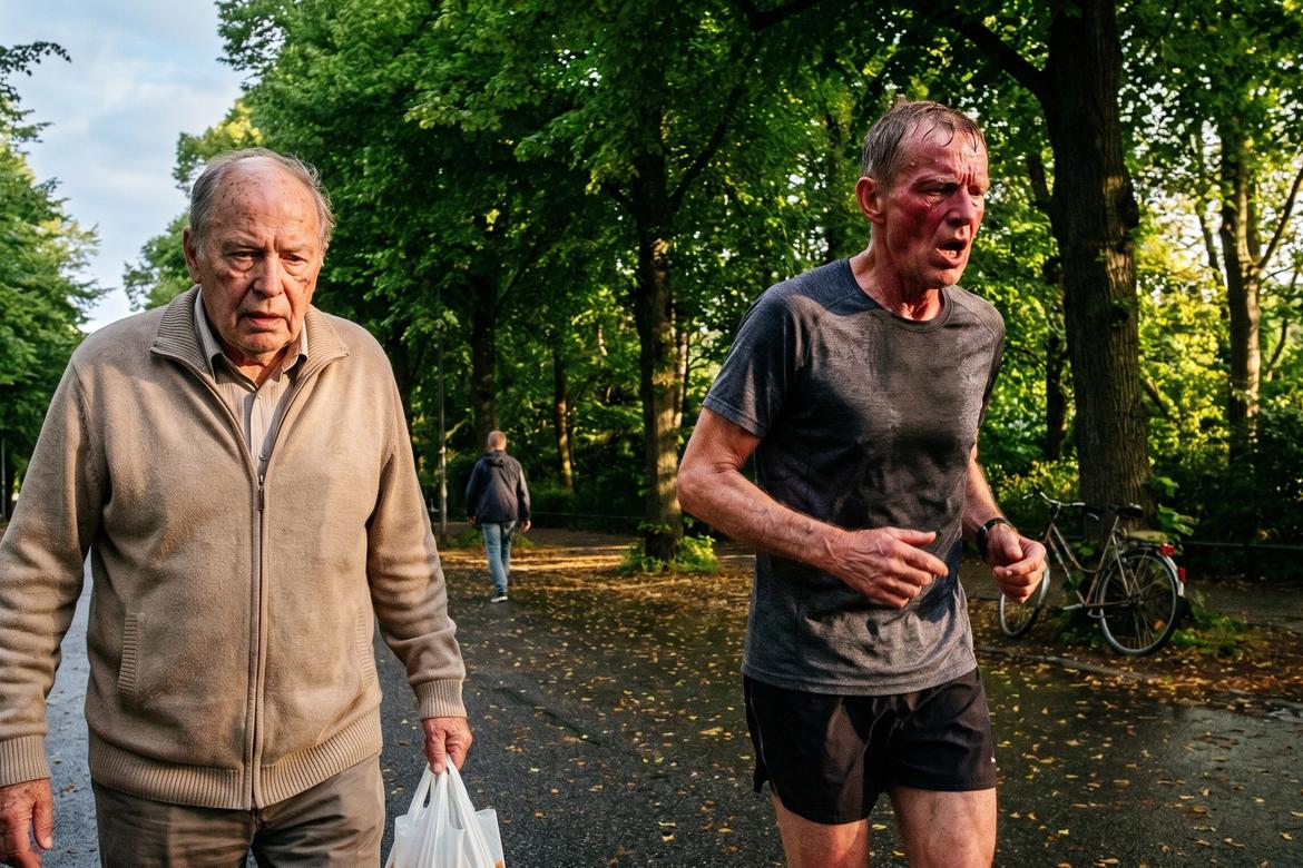 Two men around 70 on a foggy Hamburg park path lined with linden trees and wet autumn leaves. A jogger in dark running gear overtakes a hunched man in a grey wool jacket carrying a shopping bag, who glances sideways as he passes.
