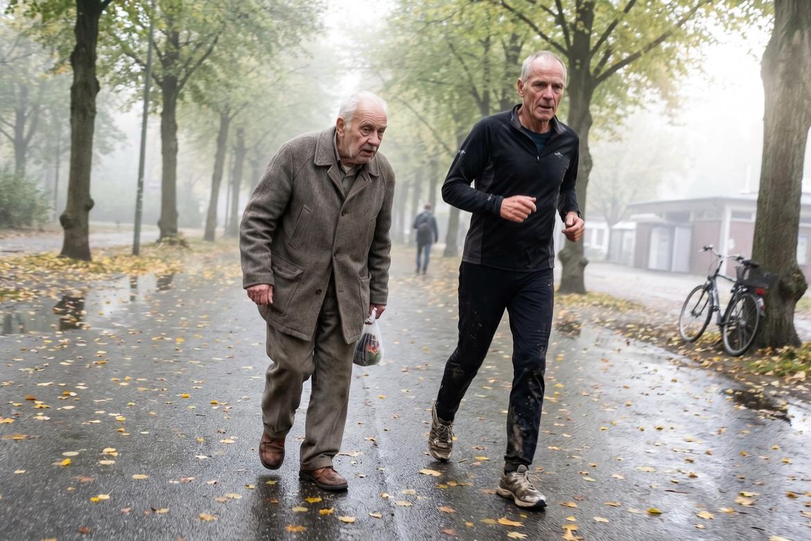 Two men around 70 on a foggy Hamburg park path lined with linden trees and wet autumn leaves. A jogger in dark running gear overtakes a hunched man in a grey wool jacket carrying a shopping bag, who glances sideways as he passes.