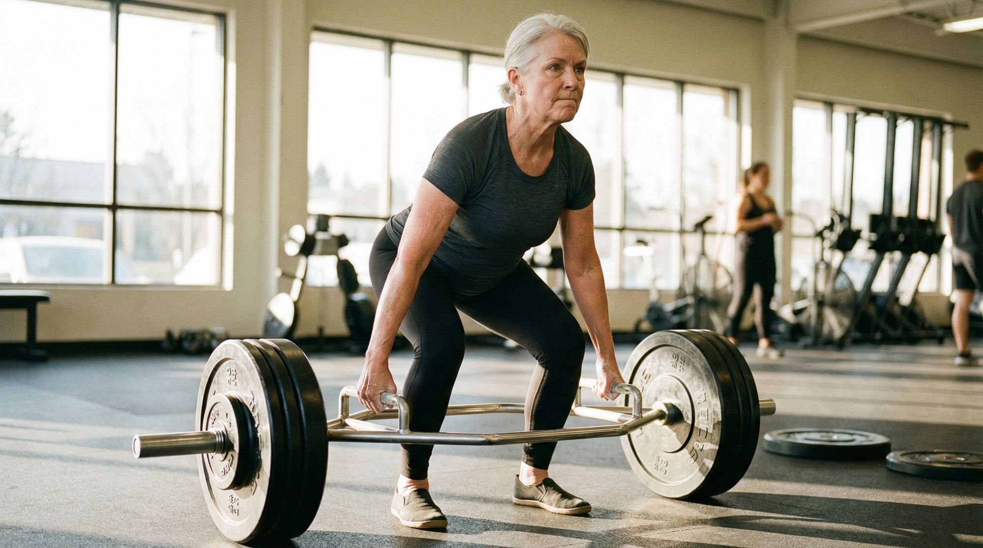 Woman in her mid-60s with silver hair performing a heavy hex bar deadlift in a sunlit gym. Determined expression, upright posture, loaded plates on the bar.
