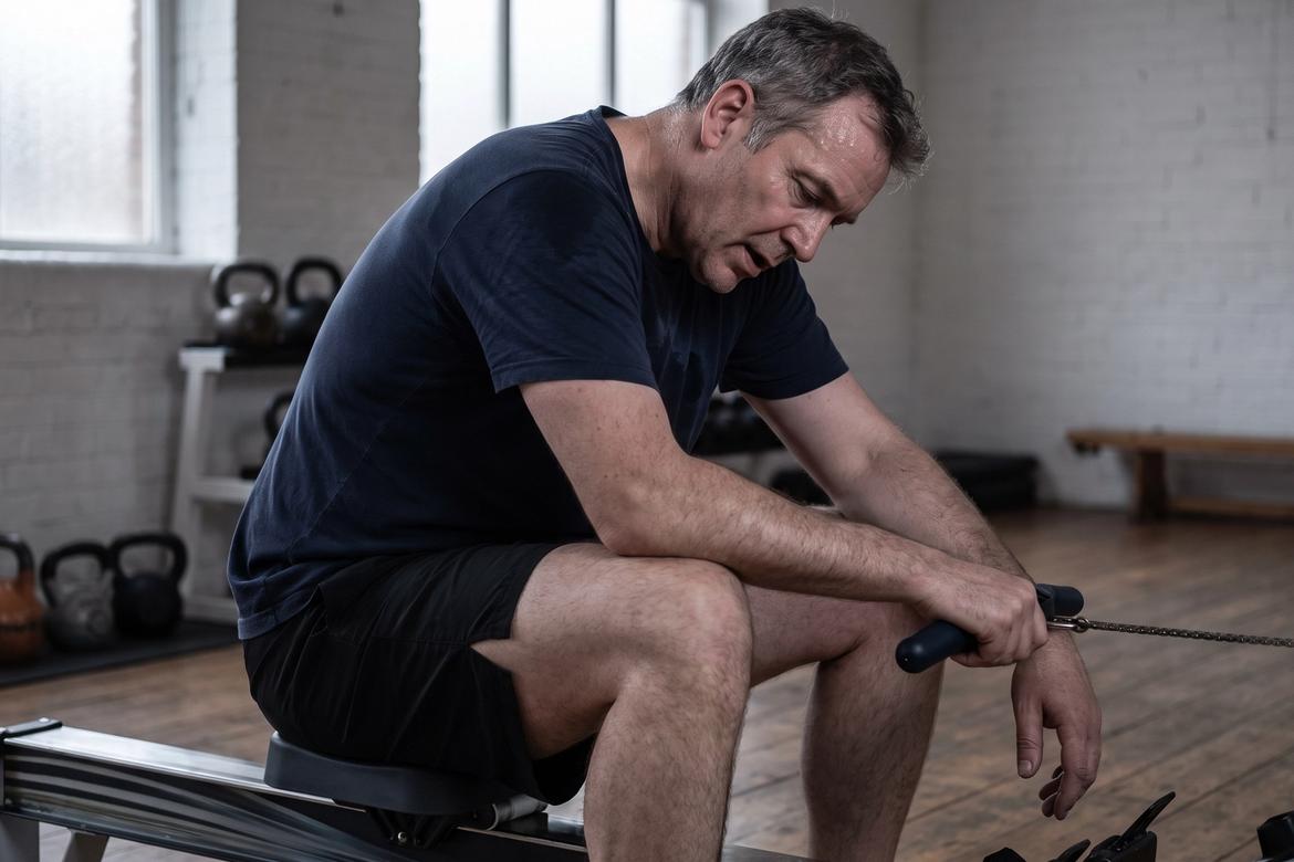 A grey-haired man in his early fifties sits hunched forward on a rowing ergometer, elbows on his knees and head lowered, his navy t-shirt soaked through.