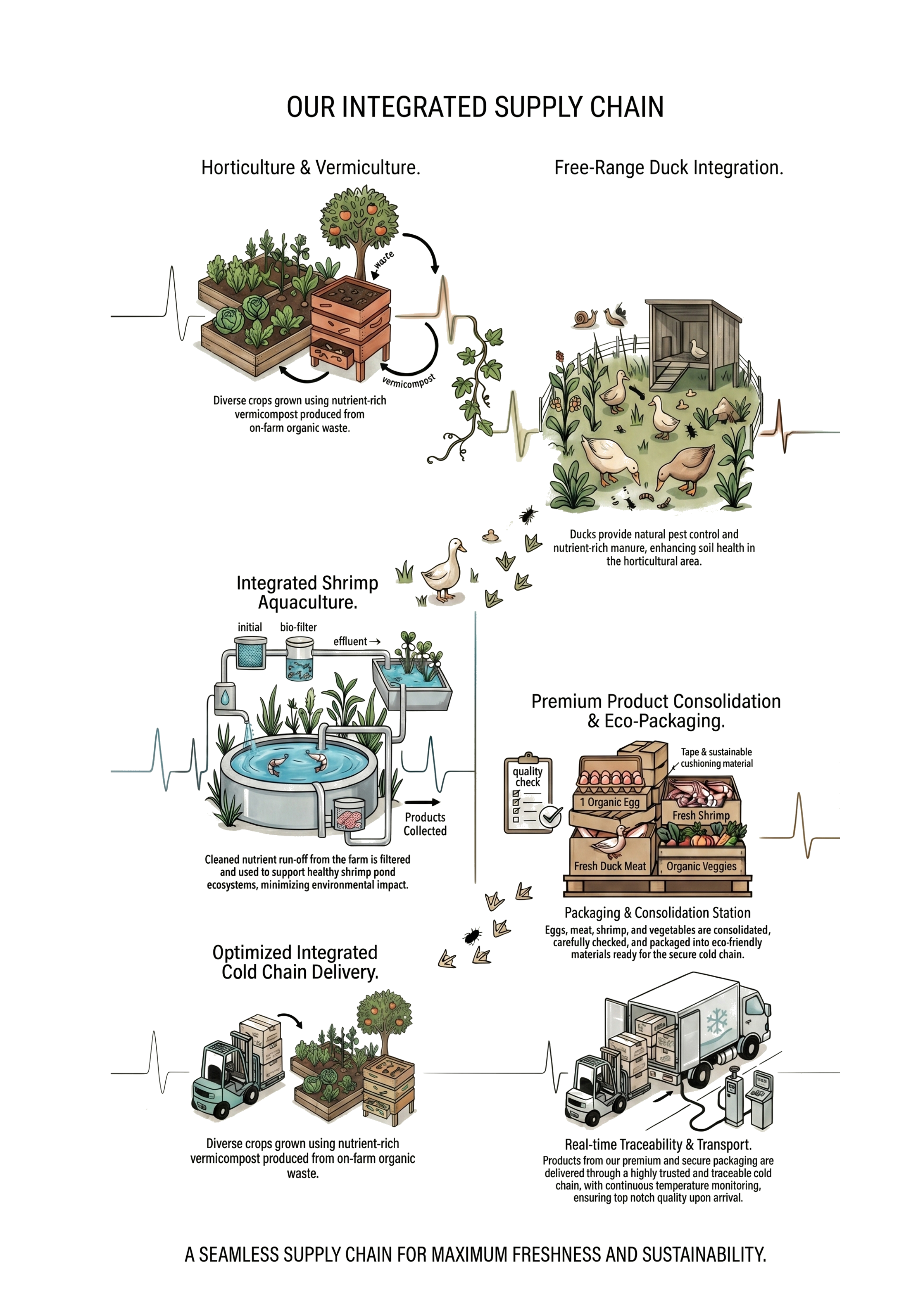 Diagram alur proses pertanian terintegrasi Gaialangit: hortikultural & vermikultur, integrasi bebek bebas kandang, budidaya udang terintegrasi, pengemasan ramah lingkungan, hingga pengiriman cold chain.