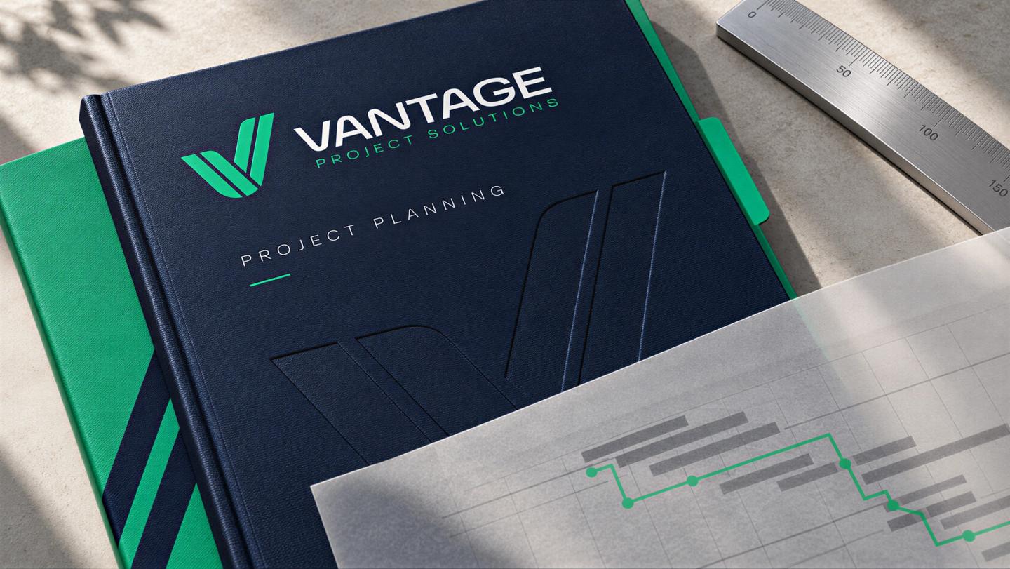 Mockup of a navy Vantage Project Solutions planning book with a green folder, printed project schedule and metal ruler.