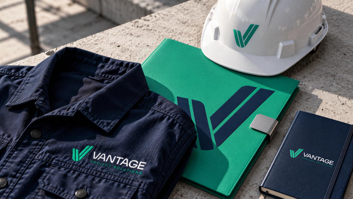 Mockup of Vantage Project Solutions branding on a navy work shirt, white hard hat, green folder and navy notebook.