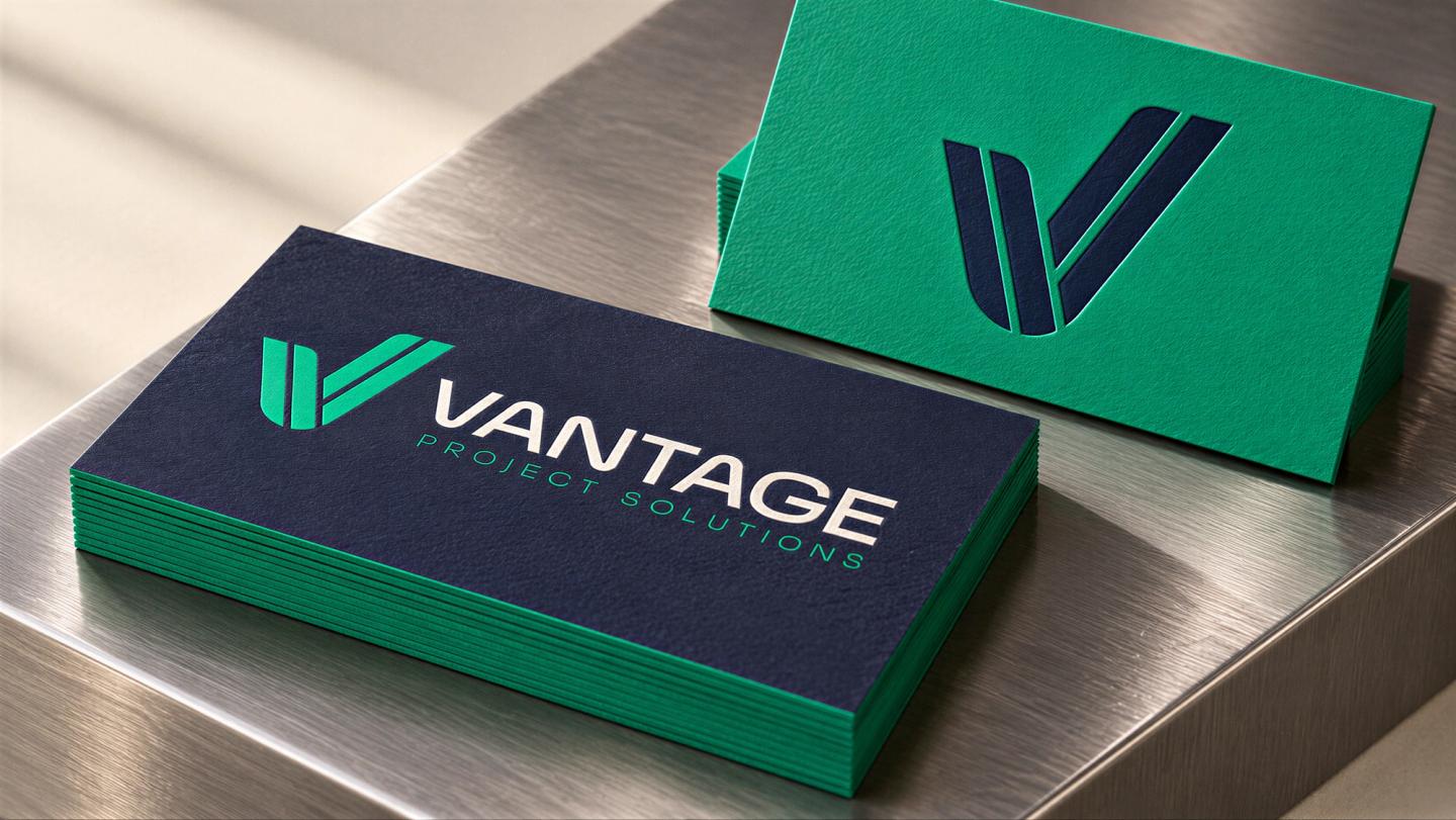 Mockup of navy and green Vantage Project Solutions business cards with textured finishes and green edges on a brushed metal surface.