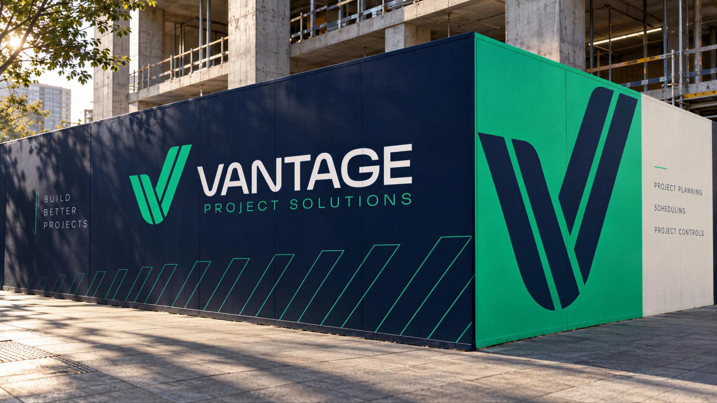 Mockup of navy and green construction-site hoarding featuring the Vantage Project Solutions logo, oversized V symbol and service details.