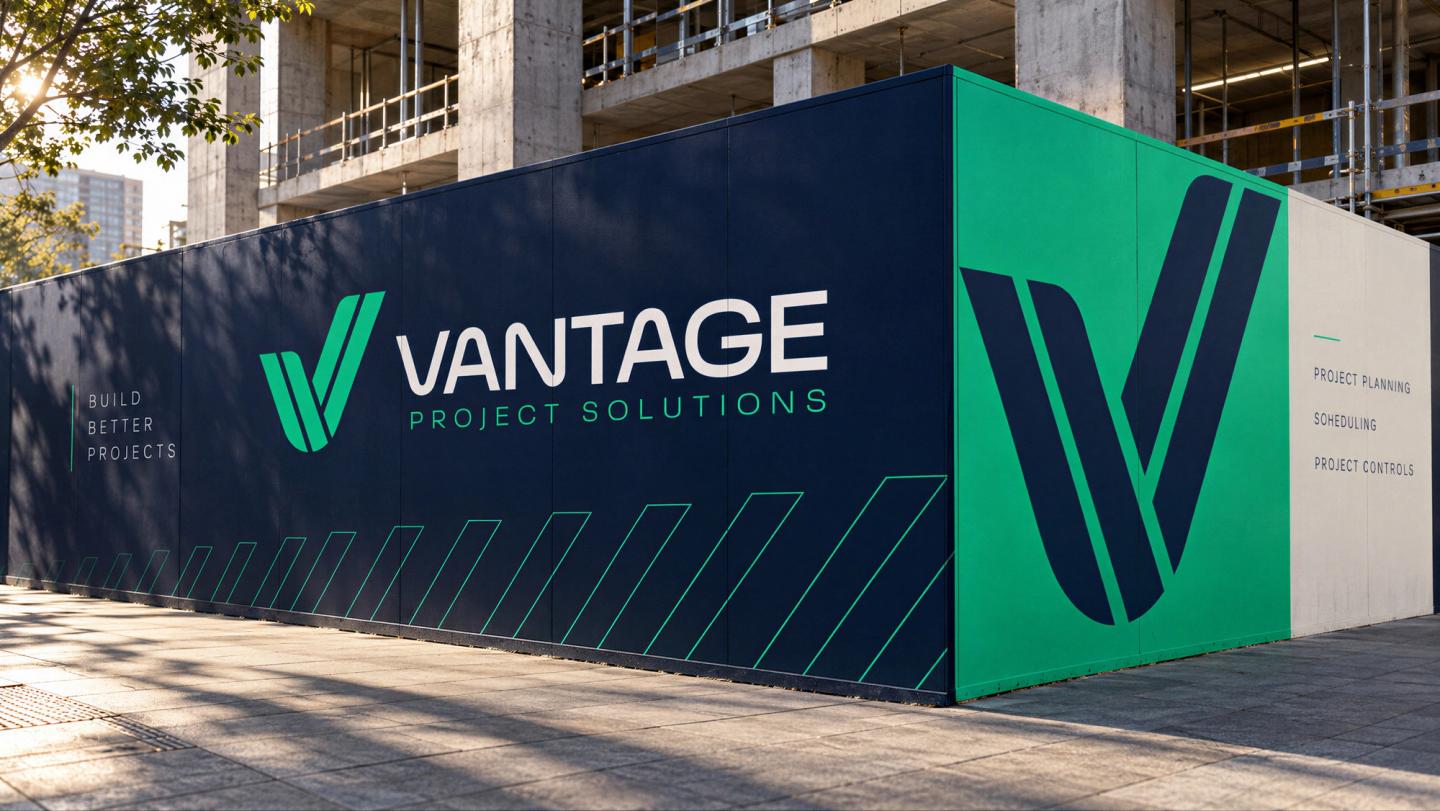 Mockup of navy and green construction-site hoarding featuring the Vantage Project Solutions logo, oversized V symbol and service details.