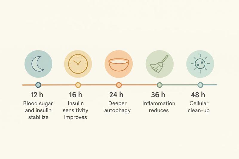 Infographic showing a fasting timeline from 12 to 48 hours, highlighting changes like insulin drop, gut rest, autophagy, and immune reset.