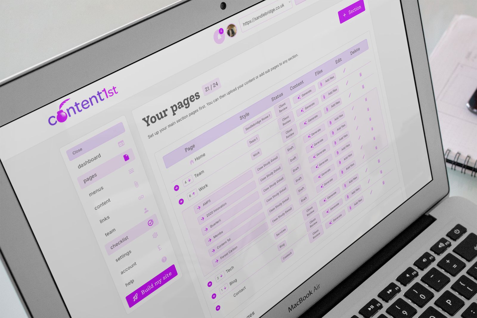 Content 1st project interface shown on a device