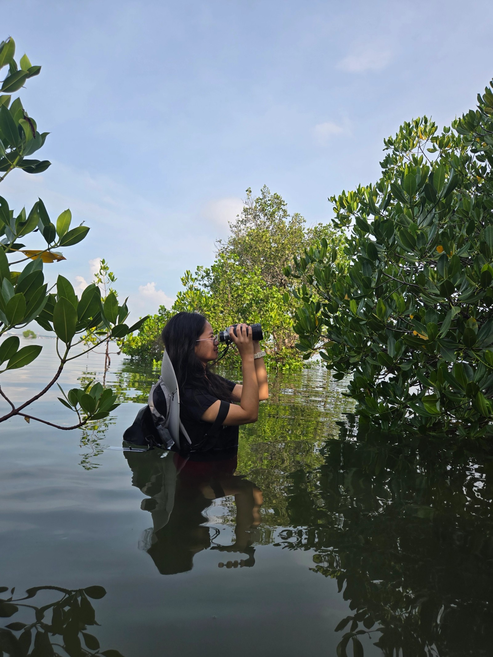 A surveyor waist deep in still water photographing mangroves