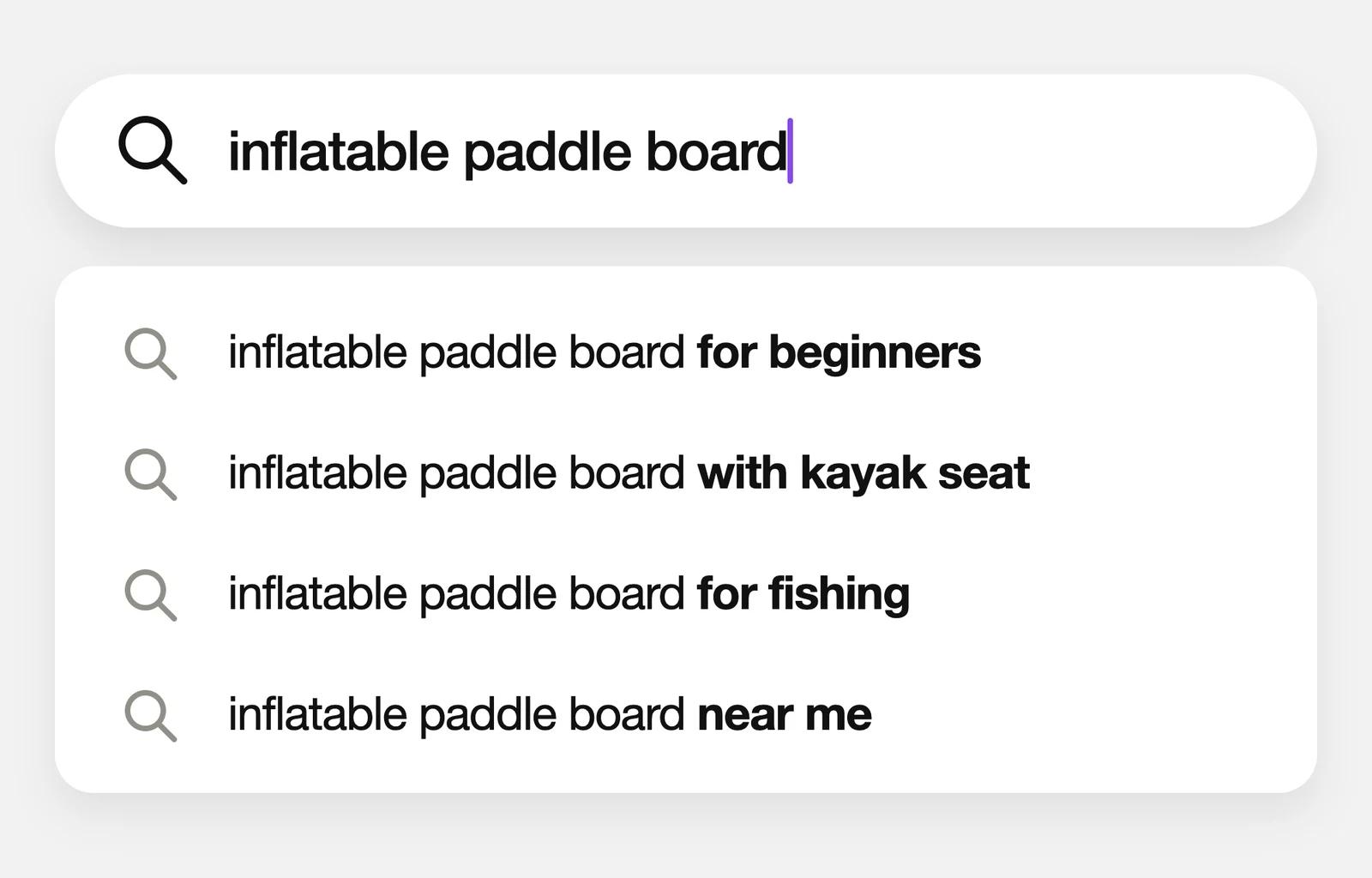 A search for inflatable paddle board with its suggestions: for beginners, with kayak seat, for fishing, near me