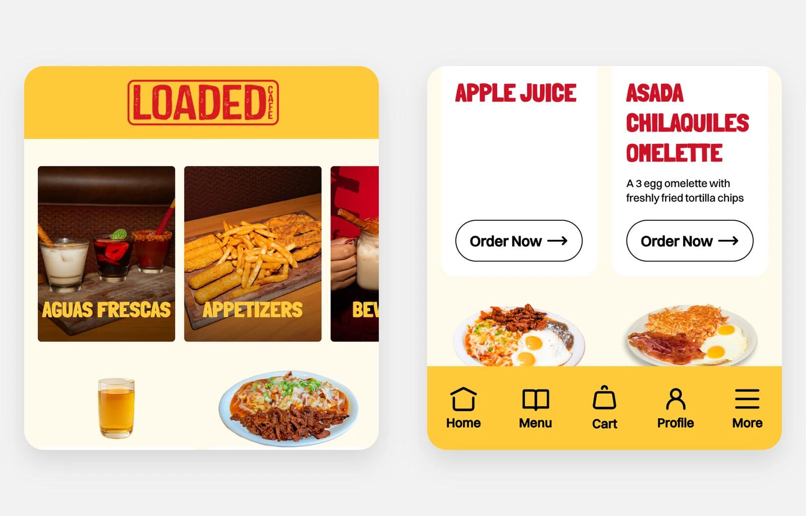 Loaded Cafe’s old site on a phone: the menu split into shop-style collections, each item behind its own page