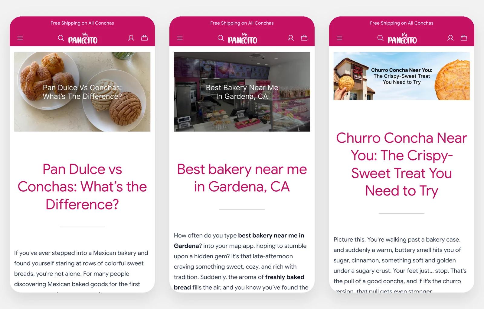 Three My Panecito guides on a phone: pan dulce vs. conchas, best bakery near me in Gardena, churro concha near you