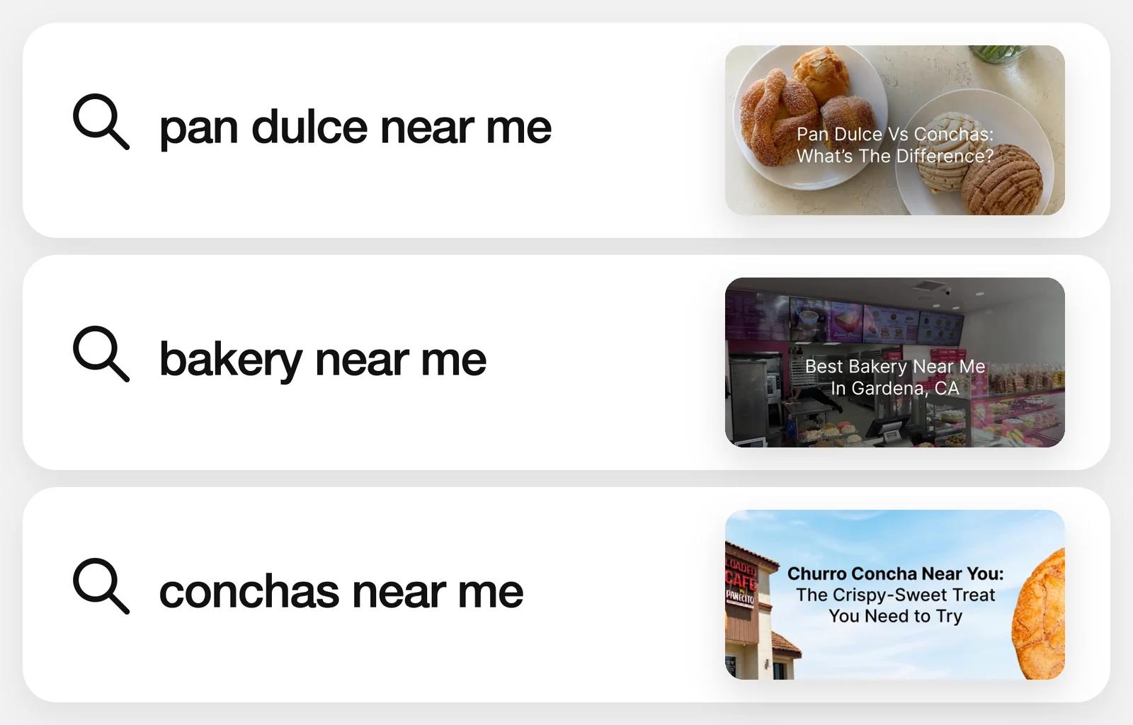 Three searches that find My Panecito now, each beside the guide that answers it
